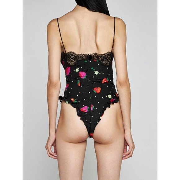 Alessandra Rich Strawberry Print Silk Jacquard Bodysuit in Black 42 New Womens - Picture 14 of 15